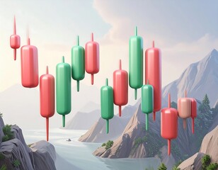 Abstract candlestick chart over a serene landscape