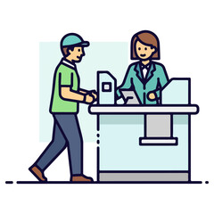 Man at a counter with a female attendant, possibly checking in or making a transaction.