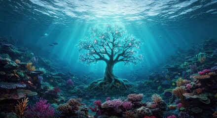 A luminous tree stands sentinel in a vibrant underwater coral reef, bathed in sunlight filtering through the turquoise water.