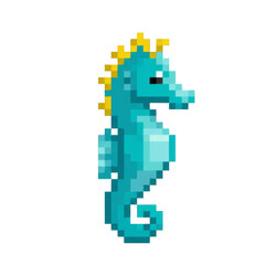 Fototapeta premium Pixelated Seahorse Graphic in Teal and Yellow with Black Background