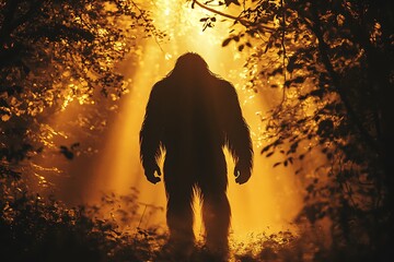 Silhouette of a bigfoot like creature standing in a forest with bright light behind it