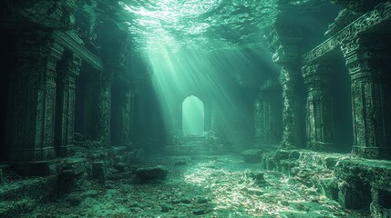 Sunbeams illuminate an underwater ancient temple ruin.