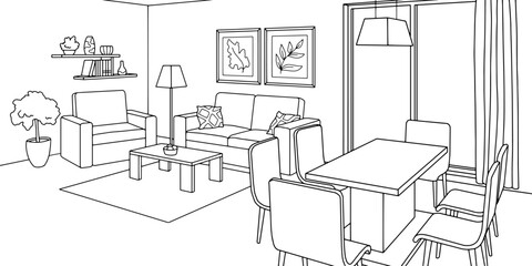 Living room graphic black white home interior sketch illustration vector 