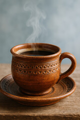 Fototapeta premium Steaming Coffee: A rustic ceramic cup filled with rich, aromatic coffee, its steam rising gently, evoking a sense of warmth and comfort amidst a tranquil setting.