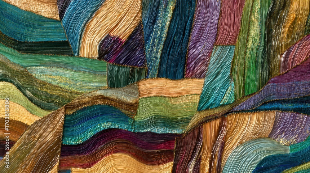 Poster layers of vivid paint create an abstract composition, highlighting a variety of colors interwoven wi
