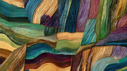 Layers of vivid paint create an abstract composition, highlighting a variety of colors interwoven with dynamic brush strokes. This captivating work invites the viewer to explore its depth.