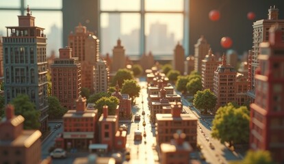 Miniature cityscape with detailed buildings and trees, sunlight streaming through windows, vibrant atmosphere