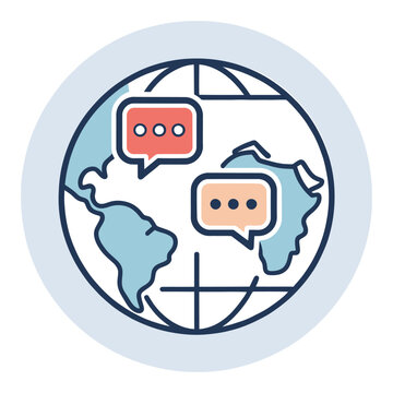 Global Communication Illustration: A symbolic representation of international dialogue, featuring a globe encircled by speech bubbles, illustrating cross-cultural connection and global discussions.