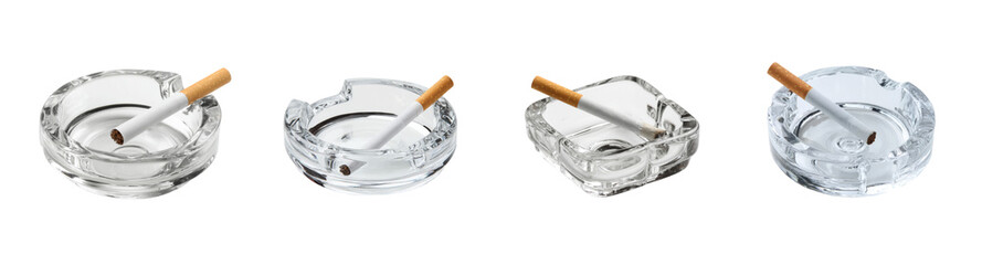 Four crystal clear glass ashtray designs with cigarette PNG set transparent background