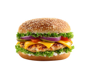 Juicy grilled chicken sandwich with fresh vegetables and cheese
