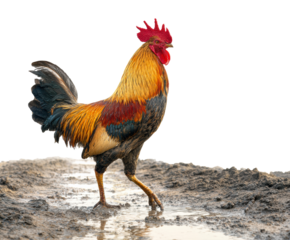 Colorful rooster walking on wet ground in rural setting