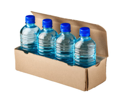 Four bottles of water in a cardboard box for proper hydration