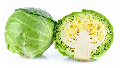 the image shows two round shaped objects, one whole and the other sliced in half, set against a solid white background. the whole item has tightly wrapped green leaves