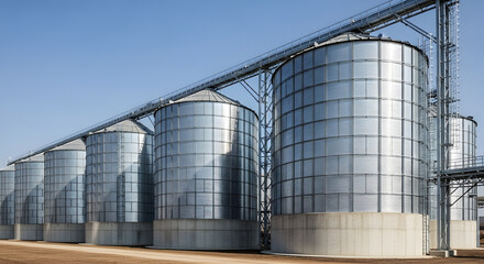 Metal grain silos stand tall against a clear blue sky. The structures are cylindrical and shiny, used for agricultural storage.