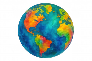 Watercolor painting of earth globe showing american continents on transparent background, perfect for environmental or educational projects