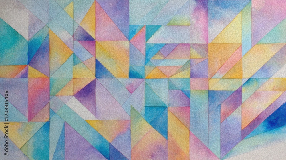 Poster this vibrant watercolor artwork features a dynamic arrangement of overlapping triangles in pastel hu