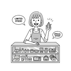Smiling shopkeeper holding product, limited stock, special offer