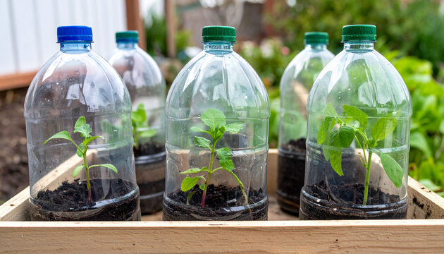 the image shows several seedlings in a wooden tray, each protected by a repurposed bottle