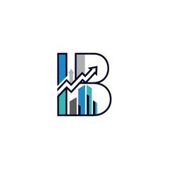 Letter b logo with financial graph and buildings
