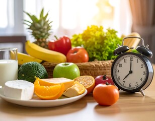 Fresh food and a clock on a table