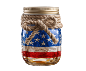 Mason jar decorated with American flag for patriotic occasions