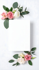 against a bright, flat background, a crisp, white, rectangular card is displayed, acting as a central focal point. positioned diagonally across the card, floral arrangements offer decorative accents