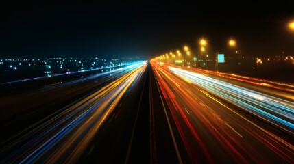 A long exposure shot of a busy highway at night, showcasing streaks of car lights in various colors against a dark background