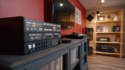 Cinematic Low Key Shot Featuring Vintage Editing Equipment in a Stylish Room Setup
