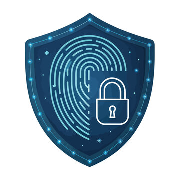 Digital Shield of Security: A digital shield featuring a fingerprint and a lock, symbolizing secure access, protection, and data security.