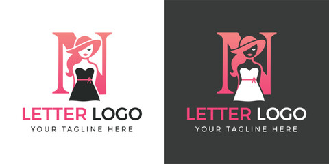 Letter M logo with chic woman in hat and dress on white and dark backgrounds alphabet