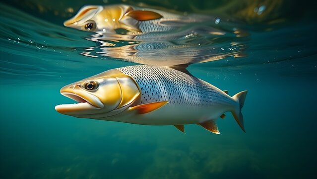 Underwater view of trout swimming in clear stream, showcasing tranquil aquatic scenery.