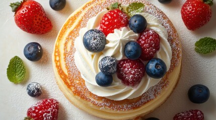 Top view fluffy Japanese souffle pancakes with whipped cream and berries on white background