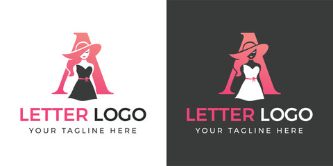 Letter A logo with elegant woman in hat and dress Keywords: A, letter, logo, alphabet, character