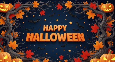 
"Happy Halloween" with Pumpkins and Bats - Festive Frame - Holiday Poster