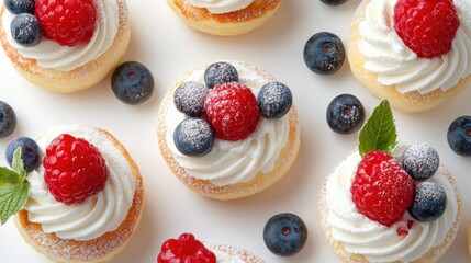 Top view fluffy Japanese souffle pancakes with whipped cream and berries on white background