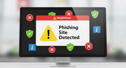 Computer monitor displaying "Phishing Site Detected" alert, concept for online security, data protection, and cyber threats