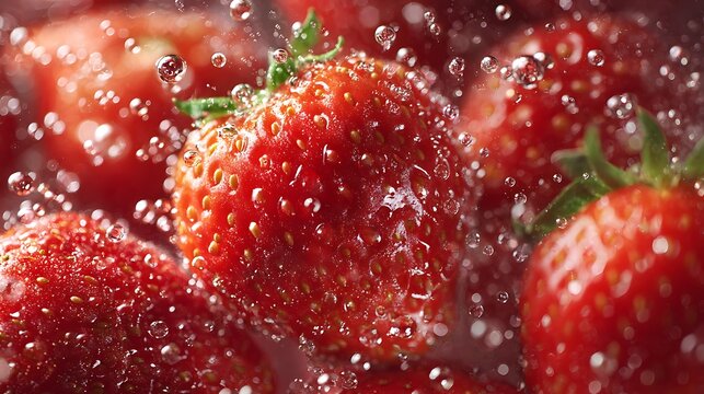 Fresh strawberries in water with bubbles close up shot for healthy eating and summer fruit themes image stock photo