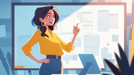 会社のオフィス空間を背景にホワイトボードを指差して笑顔を浮かべる女性イラスト、明快で分かりやすい印象を与えるデザイン、教育、広告、プレゼン資料などで活用可能な汎用的なグラフィック