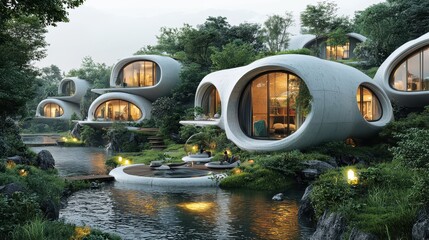 Innovative architecture showcasing biomimicry principles with sustainable materials, eco-friendly design, and advanced engineering integration in residential landscapes