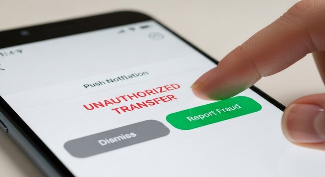 Woman finger pressing report fraud button on smartphone screen, showing unauthorized transfer notification. Digital scam alert and financial security concept. - Powered by Adobe