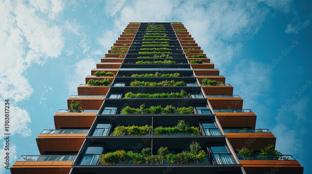 Poster sustainable architecture featuring vertical green building design with biophilic elements, innovativ