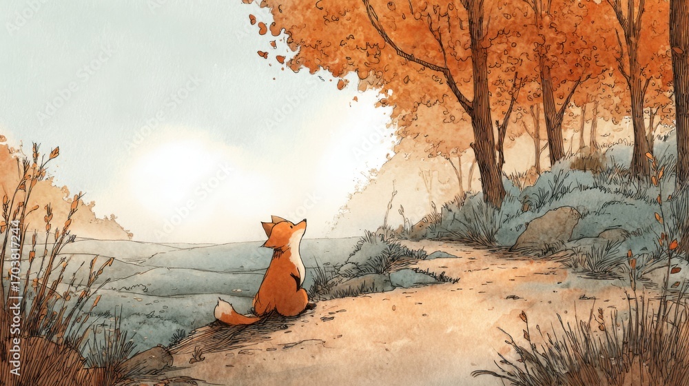 Aufkleber a fox rests on a path surrounded by vibrant autumn foliage. the warm glow of the setting sun filters