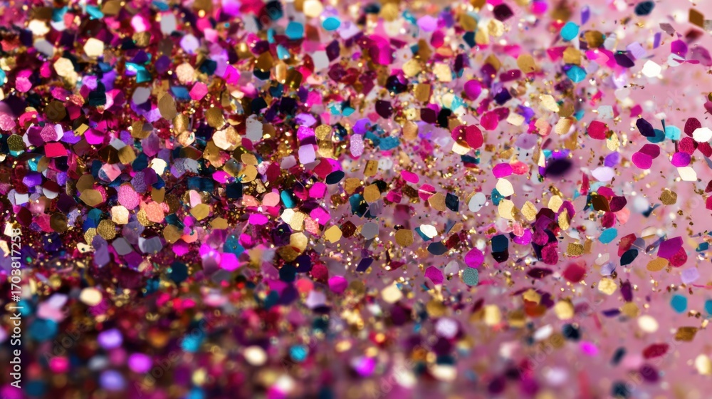Poster various shades of glitter are scattered across a light-colored surface, reflecting light and creatin