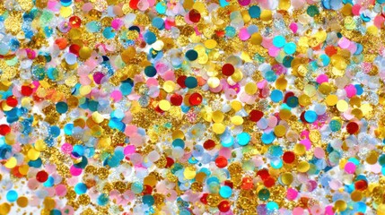 Obraz premium A vibrant mixture of colorful confetti including gold, pink, blue, and red rests on a pristine white background, ideal for decorating at parties, celebrations, or special events.