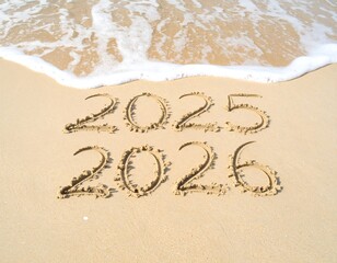 Fototapeta premium Sand-drawn 2025, 2026 on beach, waves