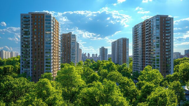 Innovative urban architecture emphasizing sustainability in high-rise residential buildings with biophilic design and energy-efficient infrastructure