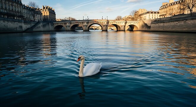 Serene Swan on Parisian River Seine under Bridges.