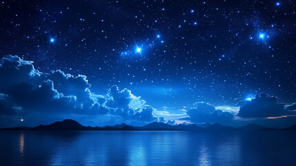 Numerous bright stars shimmer in a deep blue night sky, above a tranquil ocean reflecting fluffy clouds and distant mountain peaks.