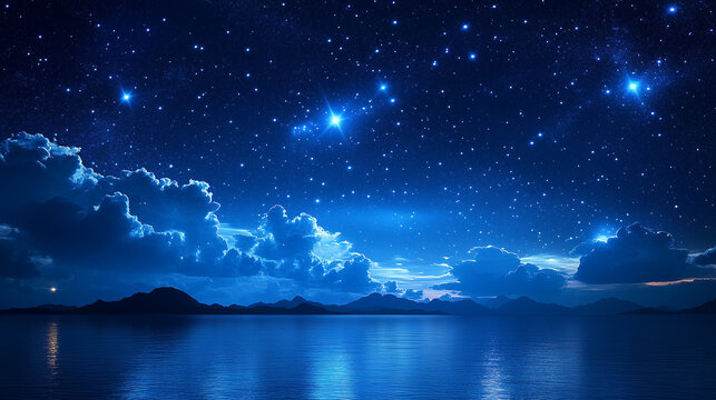 Numerous bright stars shimmer in a deep blue night sky, above a tranquil ocean reflecting fluffy clouds and distant mountain peaks. - Powered by Adobe