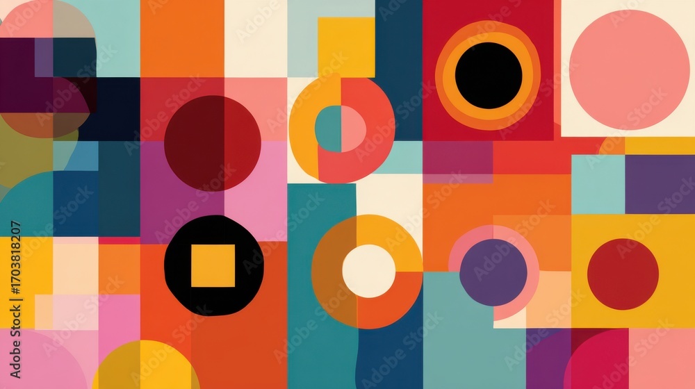 Poster bright geometric patterns featuring circles and squares create a vibrant and eye-catching compositio